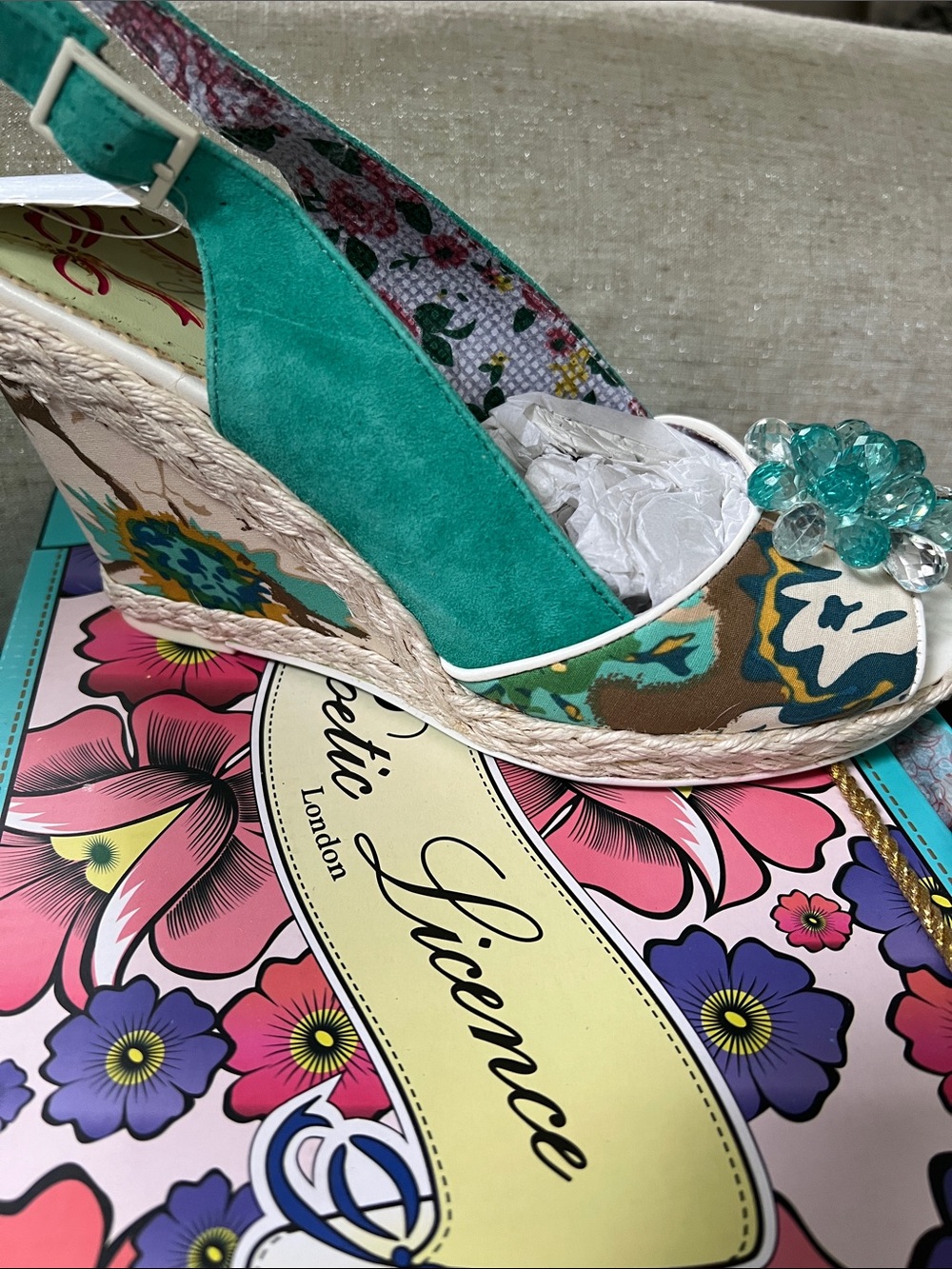 Poetic License Measure Up Decorative Wedge Crystal Flower Sandal NEW Sz 8 - Picture 2 of 16